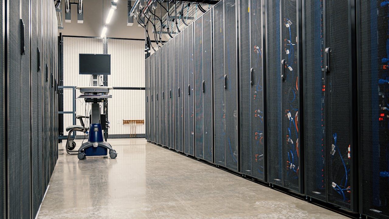 Row of server racks in an on-premise data centre